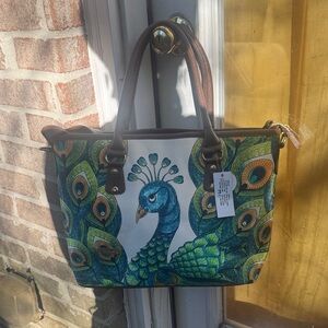 Peacock Design Tote Bag with Brown Handles